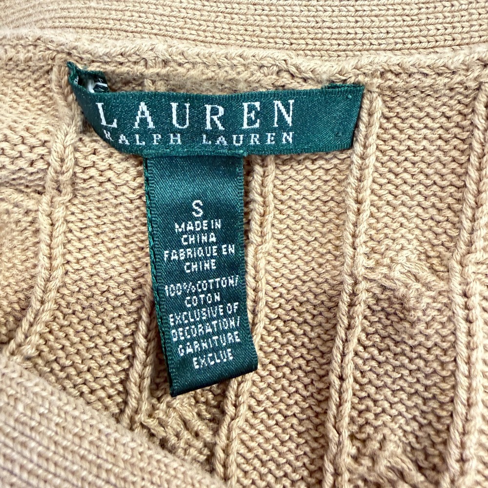 LAUREN Ralph Lauren Tan Cable Knit Button Shoulder Boat Neck Sweater Size S - Picture 3 of 5